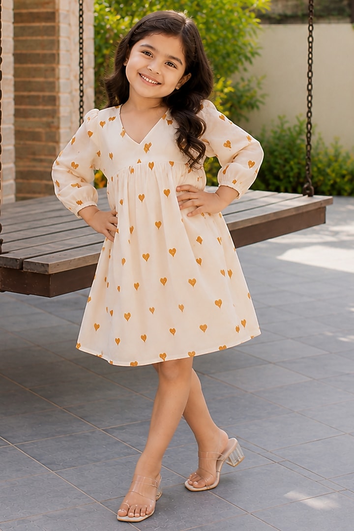 White & Mustard Kora Cotton Dress For Girls by House Of Jamoti Kids at Pernia's Pop Up Shop