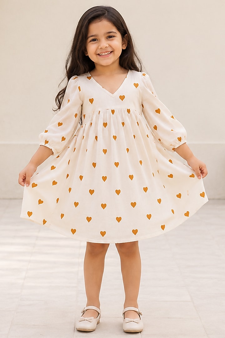 White & Mustard Kora Cotton Dress For Girls by House Of Jamoti Kids at Pernia's Pop Up Shop