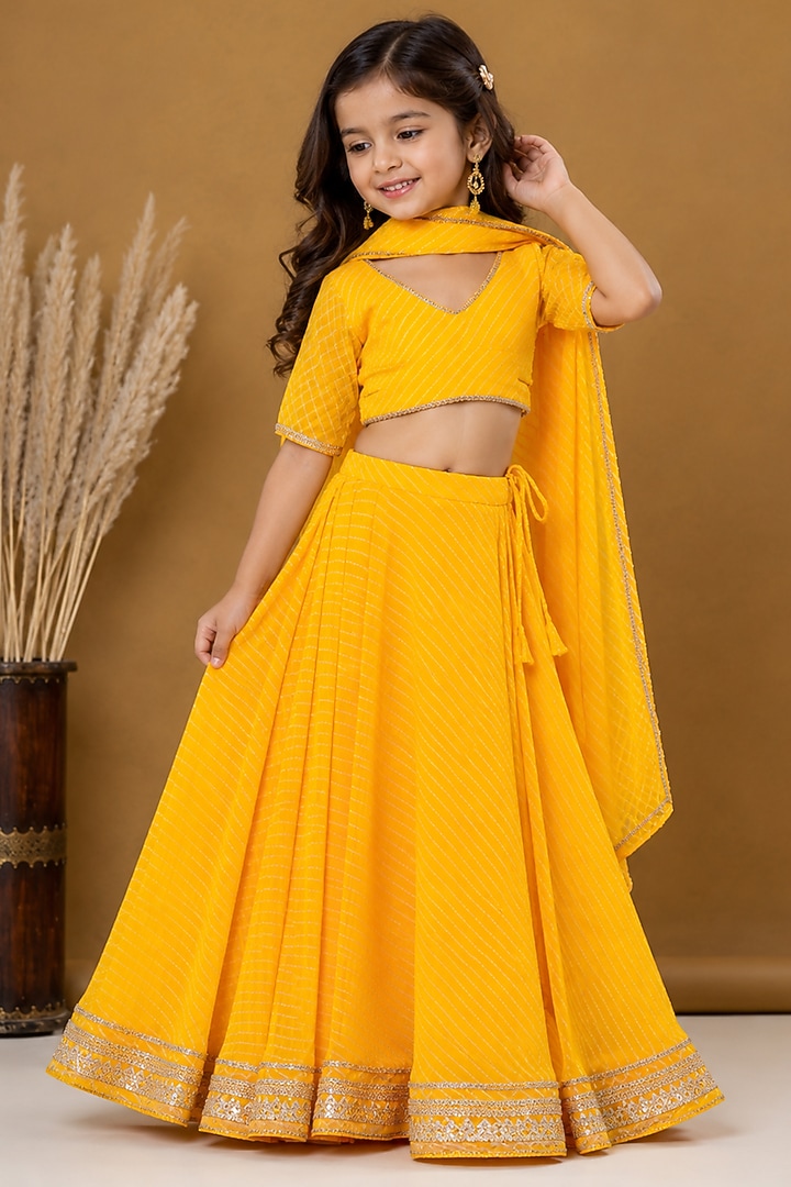 Haldi Yellow Georgette Bandhani Printed Lehenga Set For Girls by House Of Jamoti Kids at Pernia's Pop Up Shop