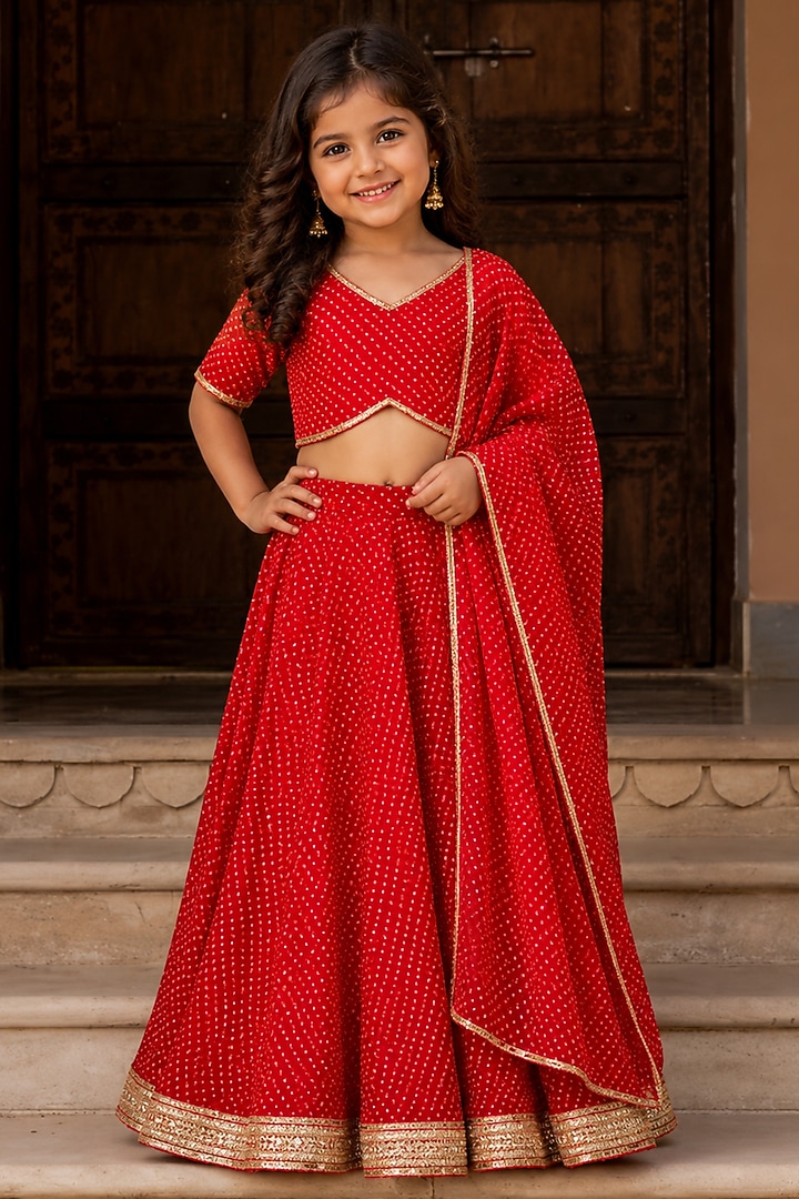 Red Georgette Bandhani Printed Lehenga Set For Girls by House Of Jamoti Kids at Pernia's Pop Up Shop