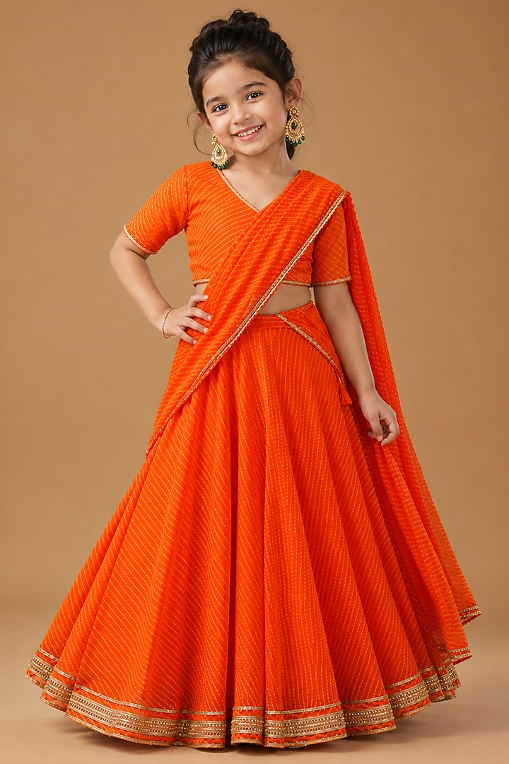 Orange Georgette Bandhani Printed Lehenga Set For Girls by House Of Jamoti Kids at Pernia's Pop Up Shop