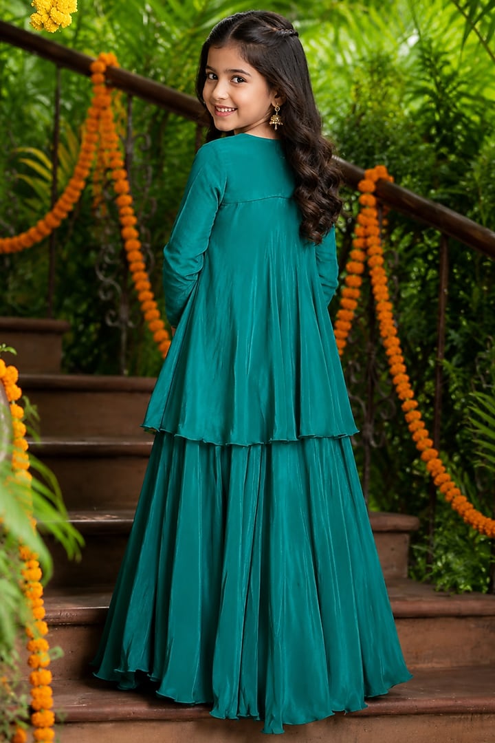 Emerald Green Chinnon Embellished Skirt Set For Girls by House Of Jamoti Kids at Pernia's Pop Up Shop