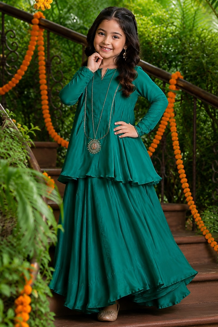 Emerald Green Chinnon Embellished Skirt Set For Girls by House Of Jamoti Kids at Pernia's Pop Up Shop