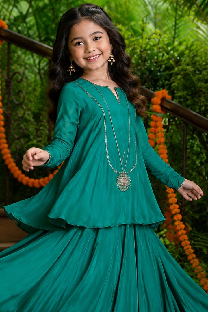 Emerald Green Chinnon Embellished Skirt Set For Girls by House Of Jamoti Kids at Pernia's Pop Up Shop