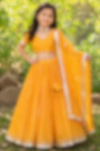 Yellow Viscose Georgette Zari Embroidered Lehenga Set For Girls by House Of Jamoti Kids at Pernia's Pop Up Shop