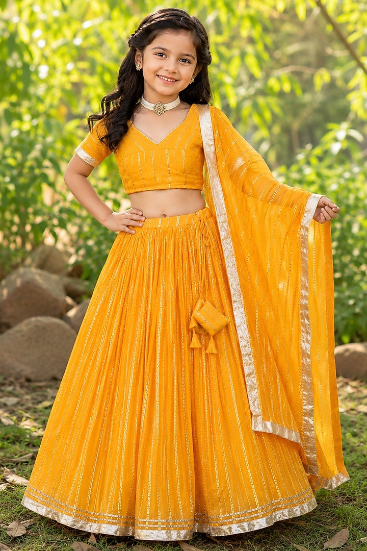 Yellow Viscose Georgette Zari Embroidered Lehenga Set For Girls by House Of Jamoti Kids at Pernia's Pop Up Shop