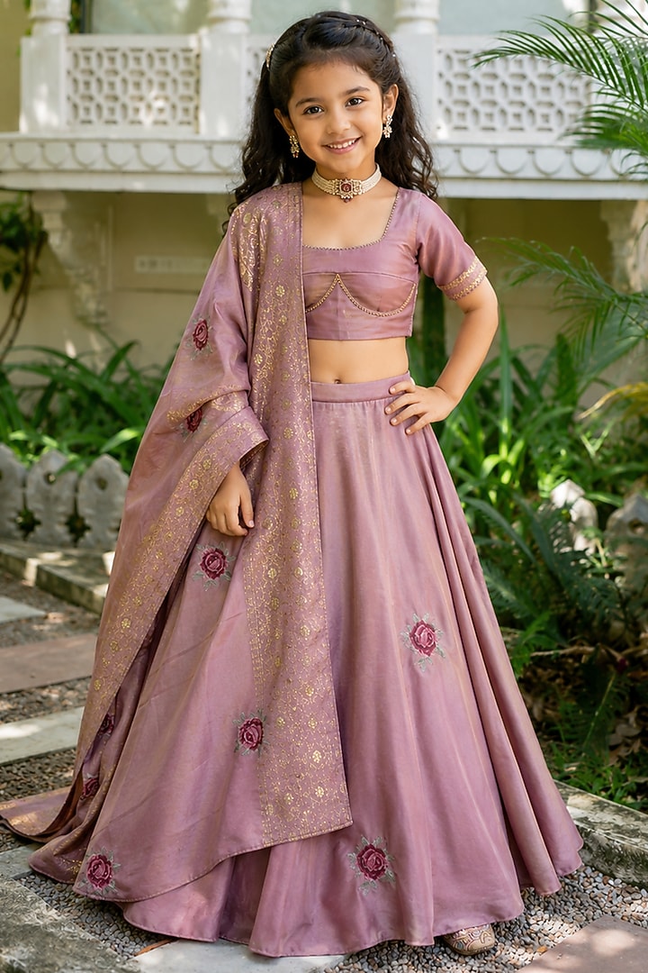 Rose Mist Tissue Machine Embroidered Lehenga Set For Girls by House Of Jamoti Kids at Pernia's Pop Up Shop