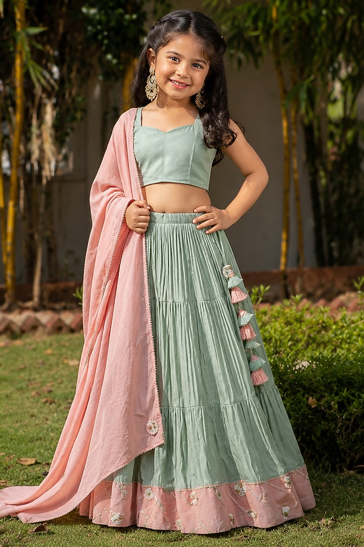 Pastel Green Mul Chanderi Lehenga Set For Girl by House Of Jamoti Kids at Pernia's Pop Up Shop
