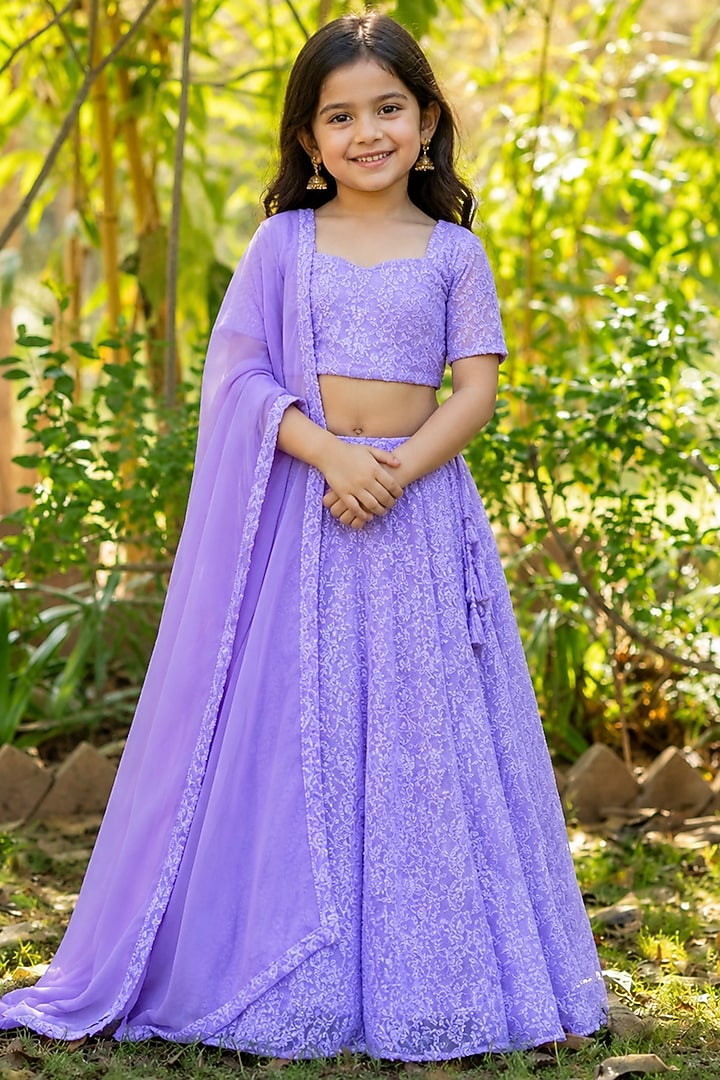 Lavender Georgette Chikankari Lehenga Set For Girls by House Of Jamoti Kids at Pernia's Pop Up Shop