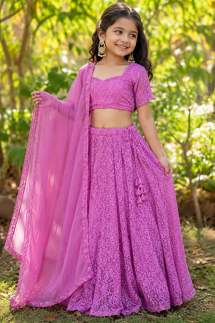 Pink Georgette Chikankari Lehenga Set For Girls by House Of Jamoti Kids at Pernia's Pop Up Shop