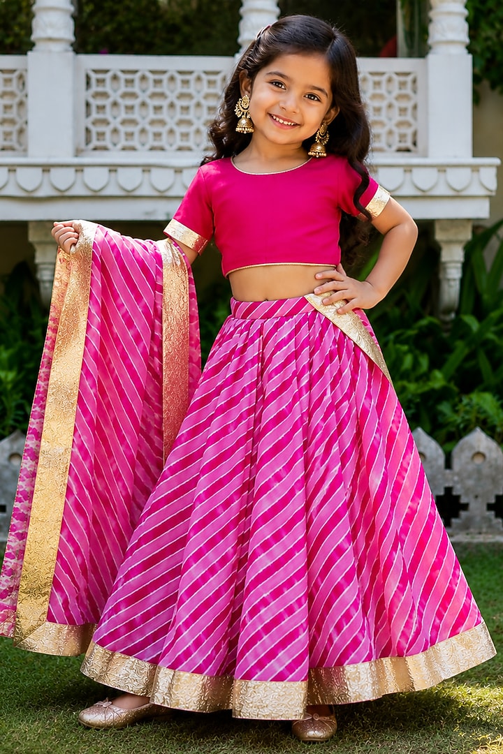 Pink Viscose Georgette Leheriya Lehenga Set For Girls by House Of Jamoti Kids at Pernia's Pop Up Shop