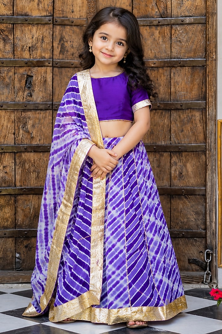 Purple Viscose Georgette Leheriya Lehenga Set For Girls by House Of Jamoti Kids at Pernia's Pop Up Shop