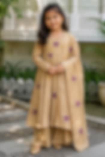 Gold Tissue Floral Embroidered Anarkali Set For Girls by House Of Jamoti Kids at Pernia's Pop Up Shop