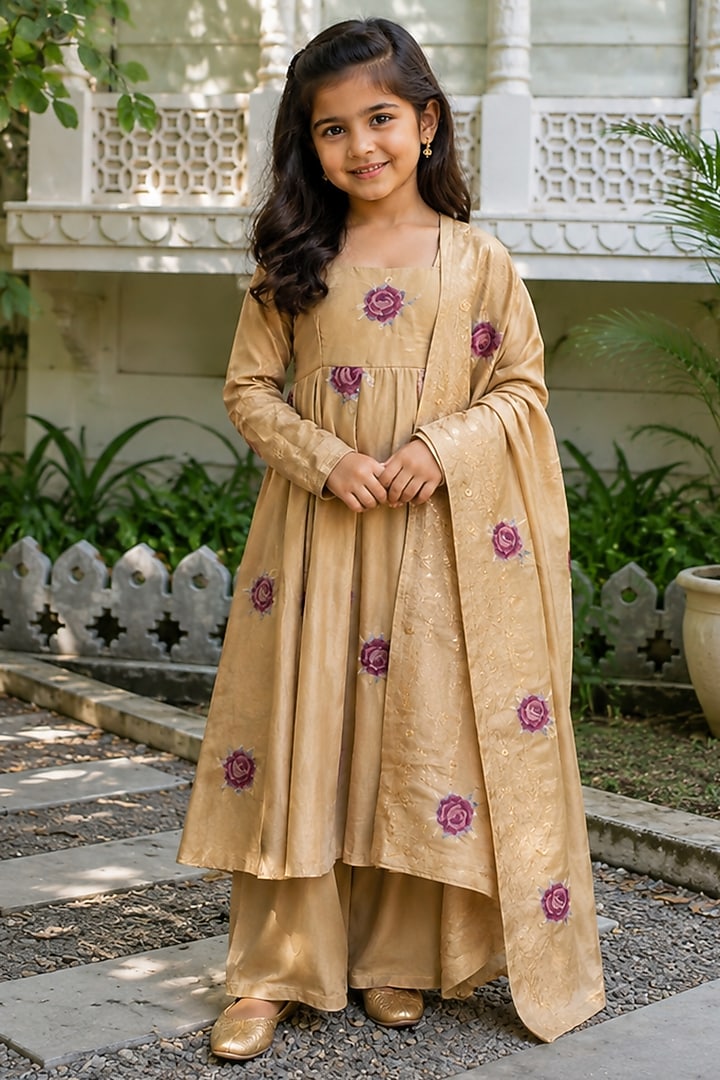 Gold Tissue Floral Embroidered Anarkali Set For Girls by House Of Jamoti Kids at Pernia's Pop Up Shop
