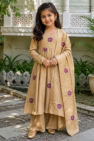 Gold Tissue Floral Embroidered Anarkali Set For Girls by House Of Jamoti Kids