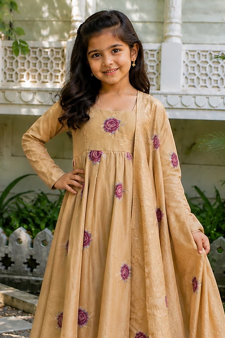 Gold Tissue Floral Embroidered Anarkali Set For Girls by House Of Jamoti Kids at Pernia's Pop Up Shop