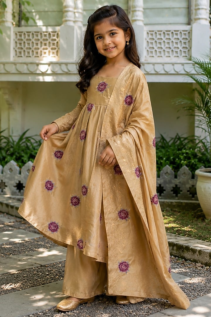 Gold Tissue Floral Embroidered Anarkali Set For Girls by House Of Jamoti Kids at Pernia's Pop Up Shop