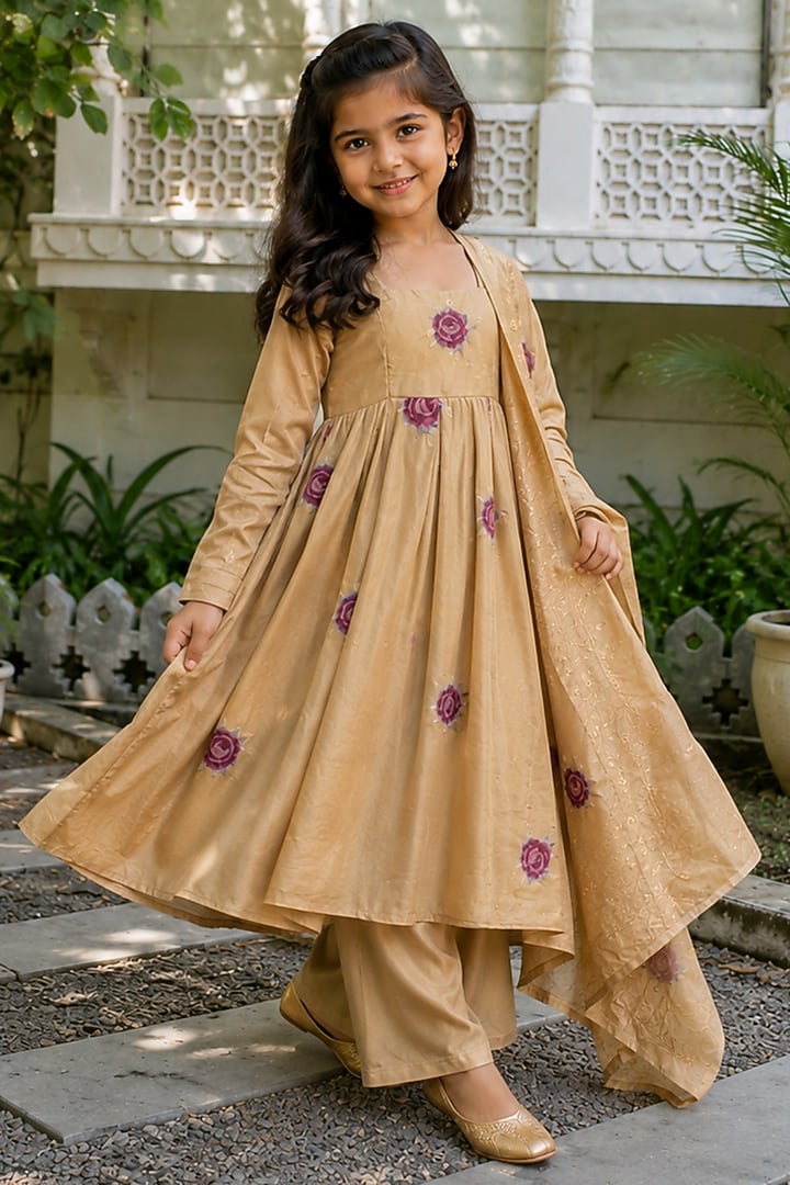 Gold Tissue Floral Embroidered Anarkali Set For Girls by House Of Jamoti Kids at Pernia's Pop Up Shop