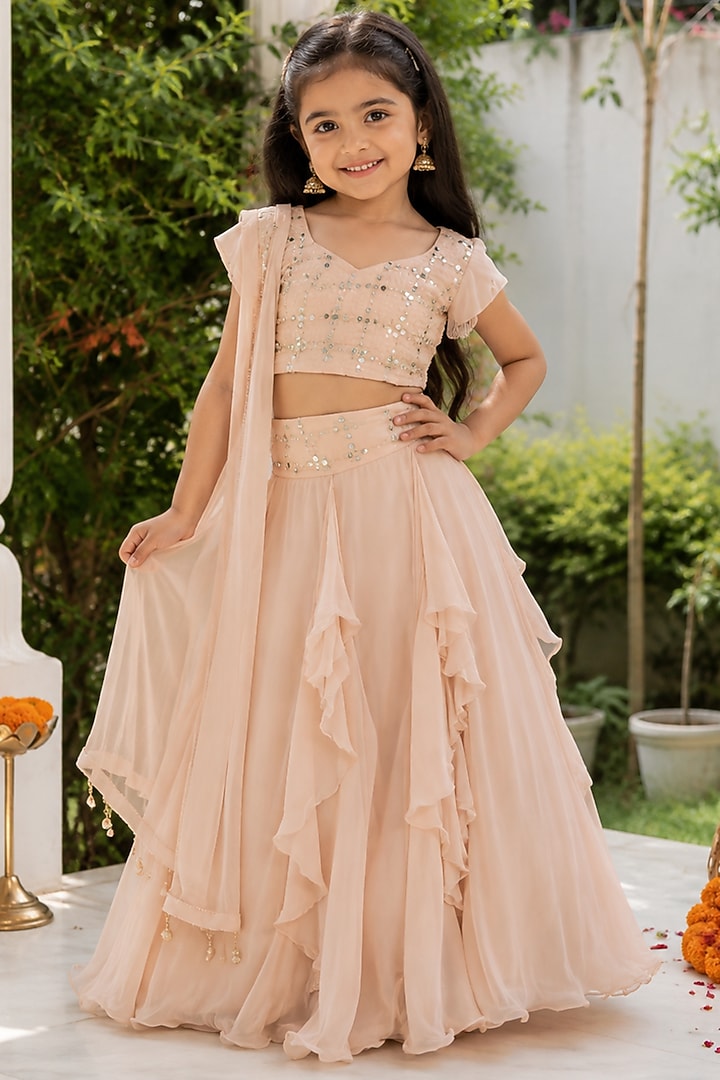 Beige Organza Mirror Embroidered Lehenga Set For Girls by House Of Jamoti Kids at Pernia's Pop Up Shop