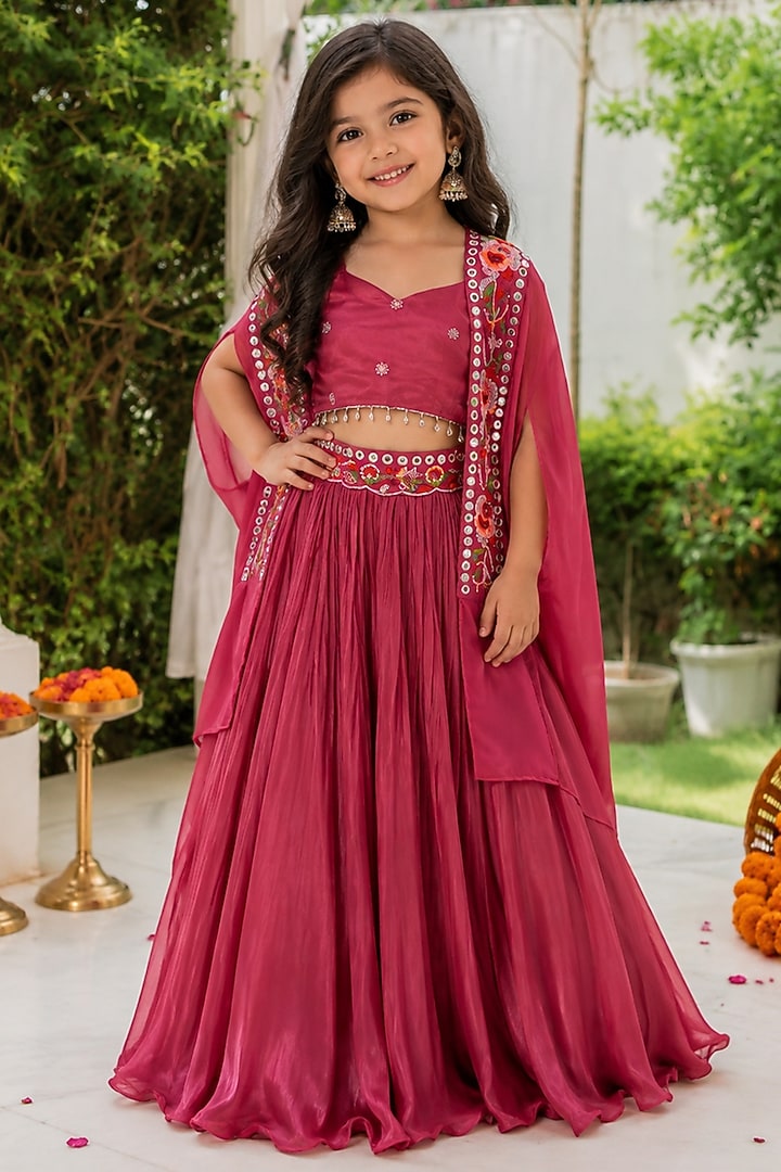 Dusky Mauve Upada Silk Embroidered Lehenga Set For Girls by House Of Jamoti Kids at Pernia's Pop Up Shop