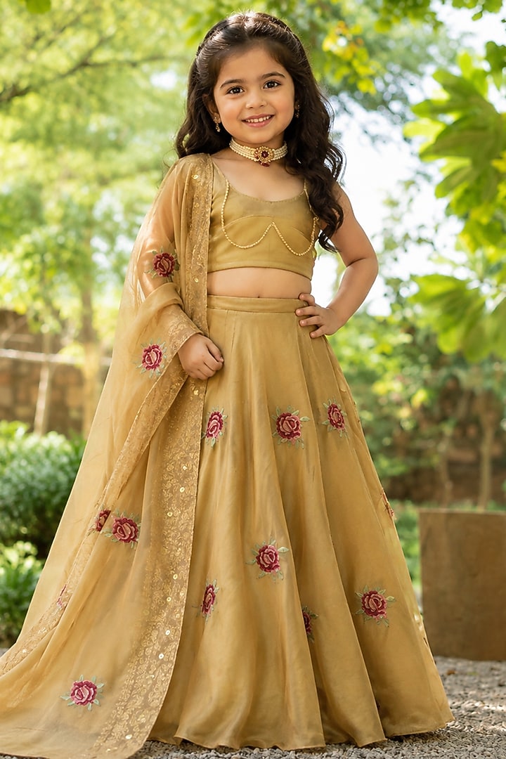 Gold Tissue Machine Embroidered Lehenga Set For Girls by House Of Jamoti Kids at Pernia's Pop Up Shop
