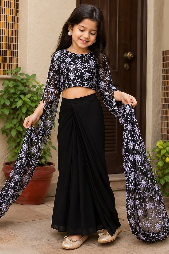 Black Georgette Drape Skirt Set For Girls by House Of Jamoti Kids at Pernia's Pop Up Shop