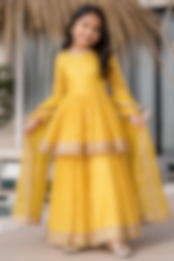 Yellow Brasso Mirror Lace Work Skirt Set For Girls by House Of Jamoti Kids at Pernia's Pop Up Shop