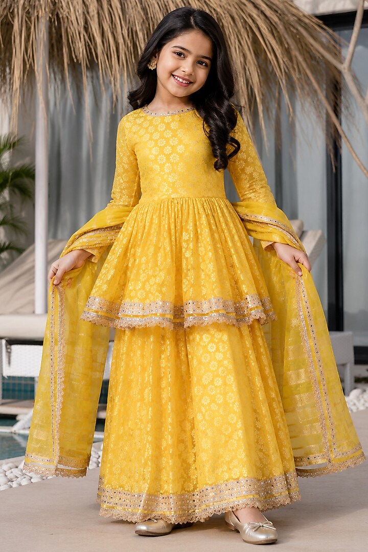 Yellow Brasso Mirror Lace Work Skirt Set For Girls by House Of Jamoti Kids at Pernia's Pop Up Shop