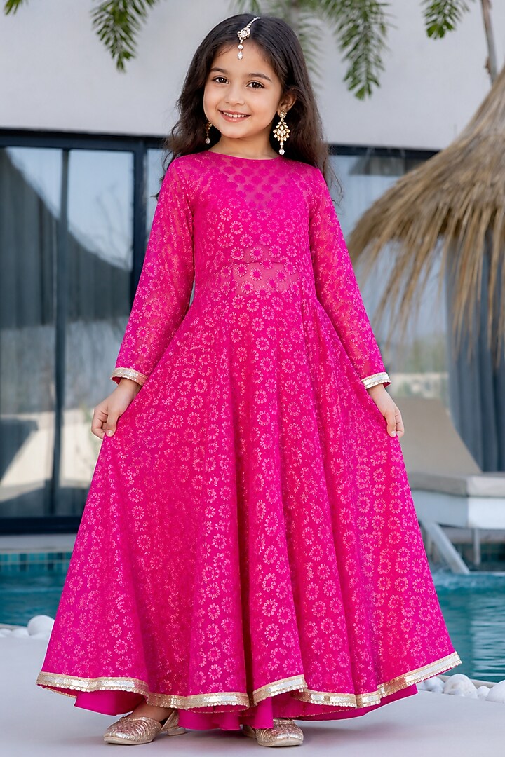 Pink Brasso Lace Embroidered Anarkali Set For Girls by House Of Jamoti Kids at Pernia's Pop Up Shop