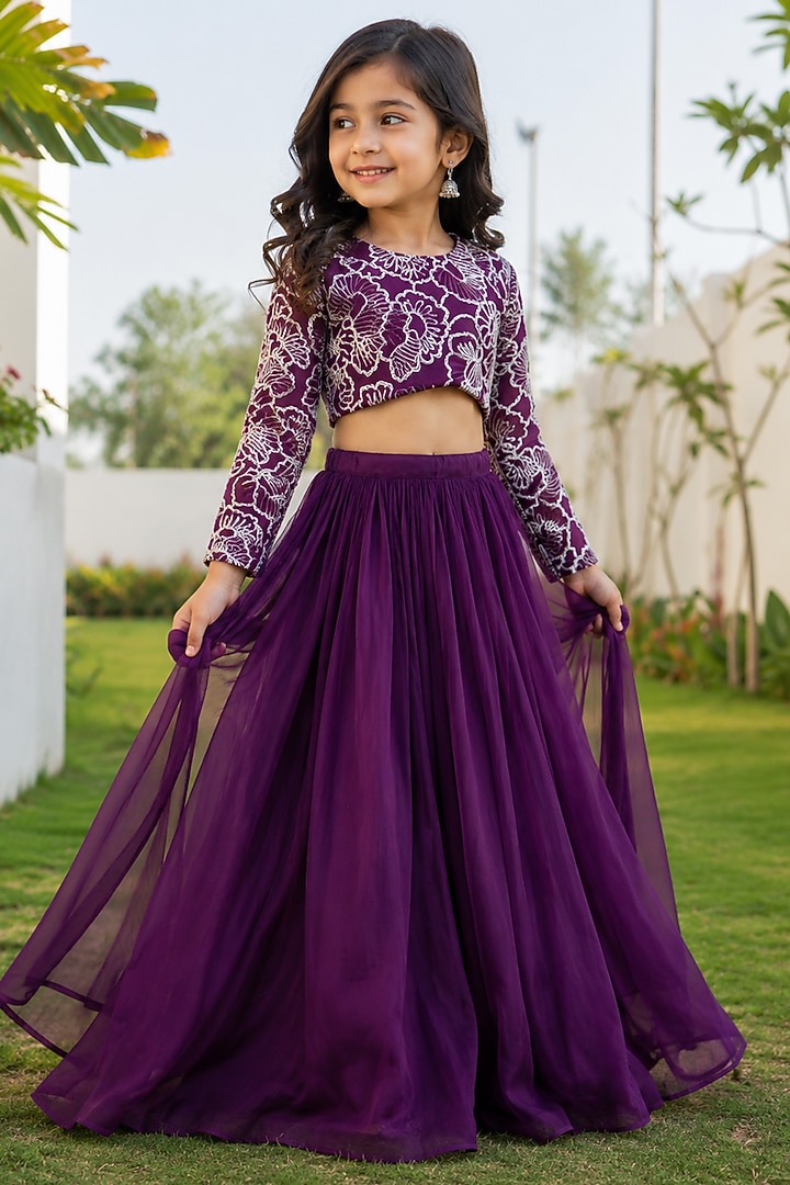 Purple Chinnon Lehenga Set For Girls by House Of Jamoti Kids at Pernia's Pop Up Shop