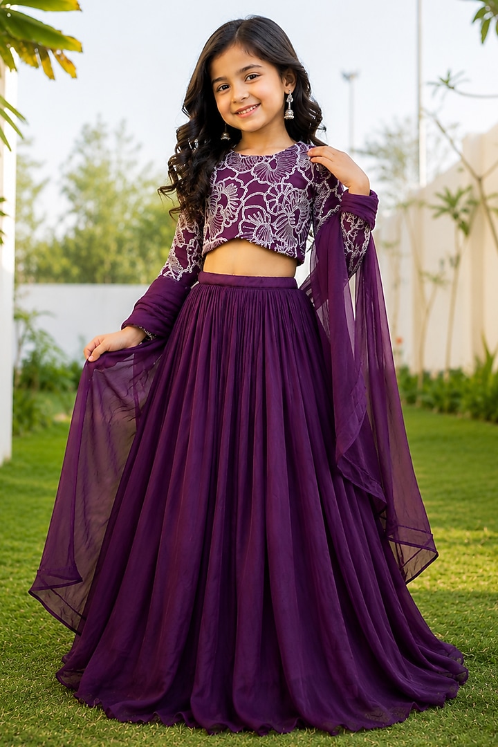 Purple Chinnon Lehenga Set For Girls by House Of Jamoti Kids at Pernia's Pop Up Shop