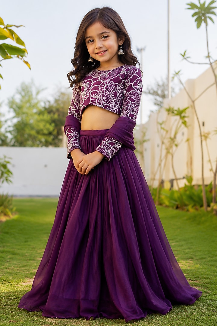 Purple Chinnon Lehenga Set For Girls by House Of Jamoti Kids at Pernia's Pop Up Shop