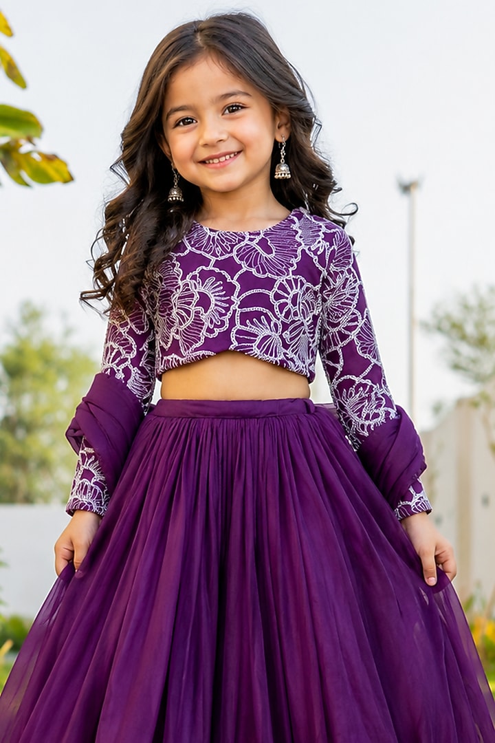 Purple Chinnon Lehenga Set For Girls by House Of Jamoti Kids at Pernia's Pop Up Shop