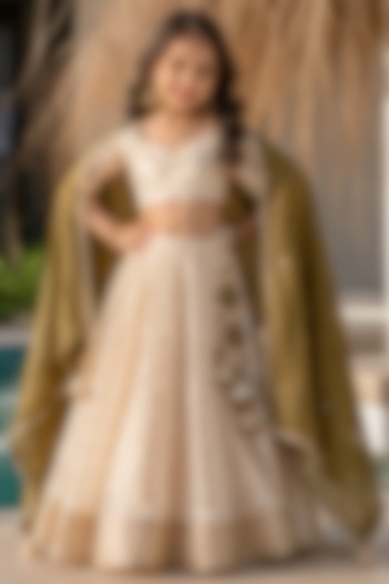 Beige Tissue Motif Embellished Lehenga Set For Girls by House Of Jamoti Kids at Pernia's Pop Up Shop