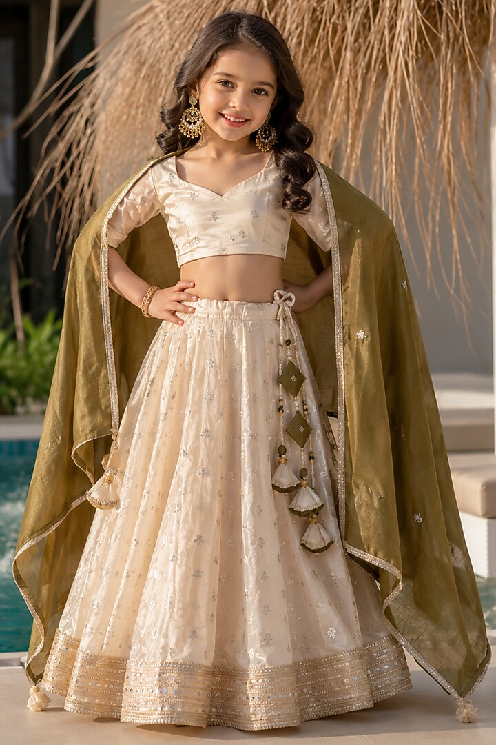 Beige Tissue Motif Embellished Lehenga Set For Girls by House Of Jamoti Kids at Pernia's Pop Up Shop