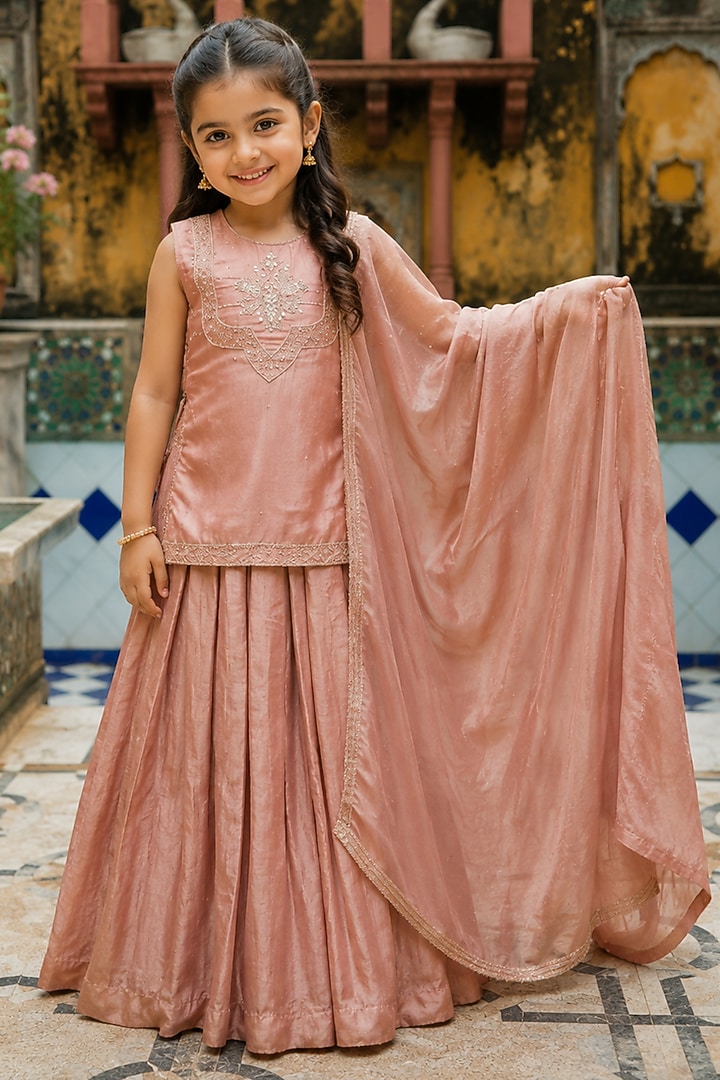 Bronze Tissue Skirt Set For Girls by House Of Jamoti Kids at Pernia's Pop Up Shop