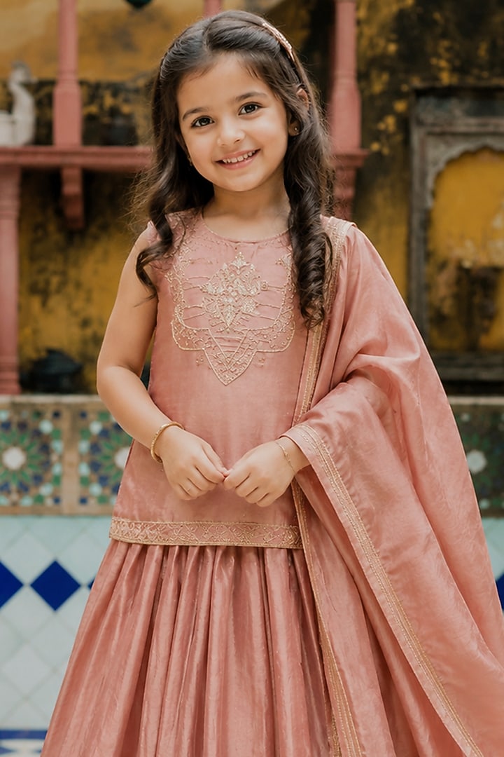 Bronze Tissue Skirt Set For Girls by House Of Jamoti Kids at Pernia's Pop Up Shop