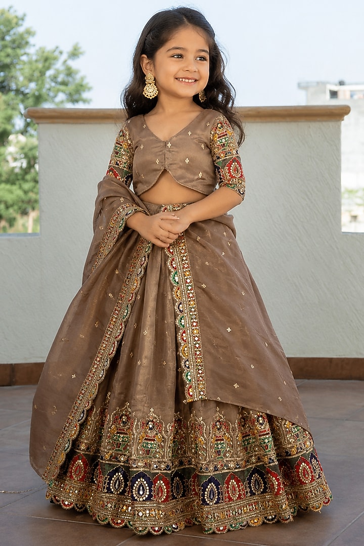 Beige Tissue Sequin & Thread Embroidered Lehenga Set For Girls by House Of Jamoti Kids at Pernia's Pop Up Shop