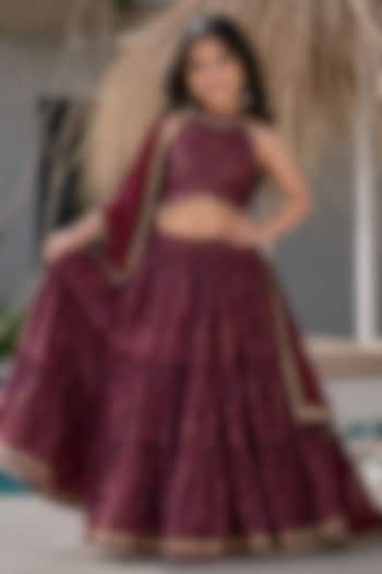 Maroon Brasso Printed Tiered Lehenga Set For Girls by House Of Jamoti Kids at Pernia's Pop Up Shop