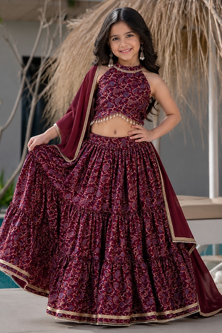 Maroon Brasso Printed Tiered Lehenga Set For Girls by House Of Jamoti Kids at Pernia's Pop Up Shop
