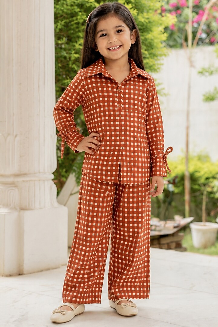 Brown Cotton Checkered Co-Ord Set For Girls by House Of Jamoti Kids at Pernia's Pop Up Shop