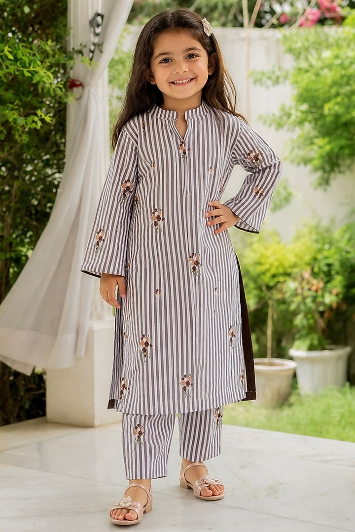 Brown Cotton Striped Kurta Set For Girls by House Of Jamoti Kids at Pernia's Pop Up Shop