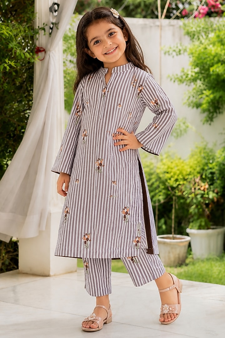 Brown Cotton Striped Kurta Set For Girls by House Of Jamoti Kids at Pernia's Pop Up Shop