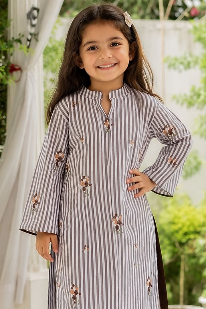 Brown Cotton Striped Kurta Set For Girls by House Of Jamoti Kids at Pernia's Pop Up Shop