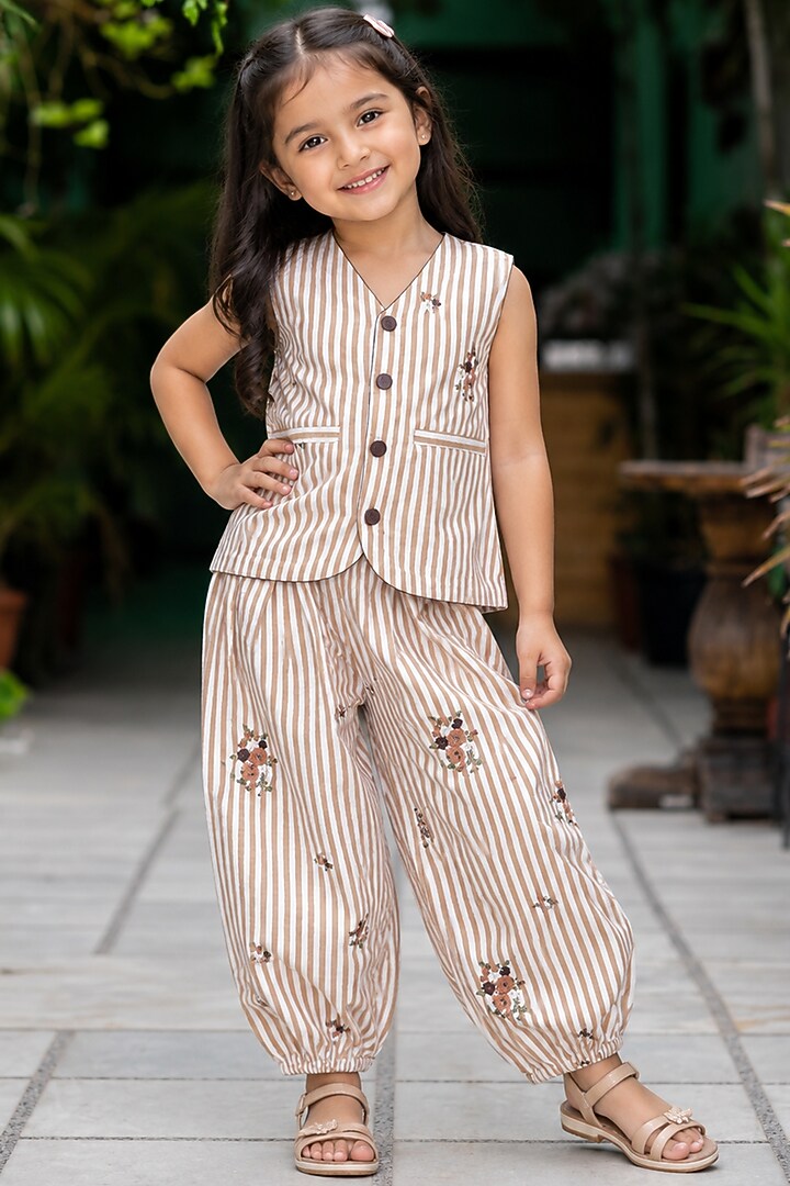 Brown Cotton Striped Co-Ord Set For Girls by House Of Jamoti Kids at Pernia's Pop Up Shop