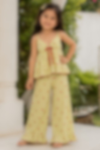 Lemon Green Cotton Heart Print Striped Co-Ord Set For Girls by House Of Jamoti Kids at Pernia's Pop Up Shop