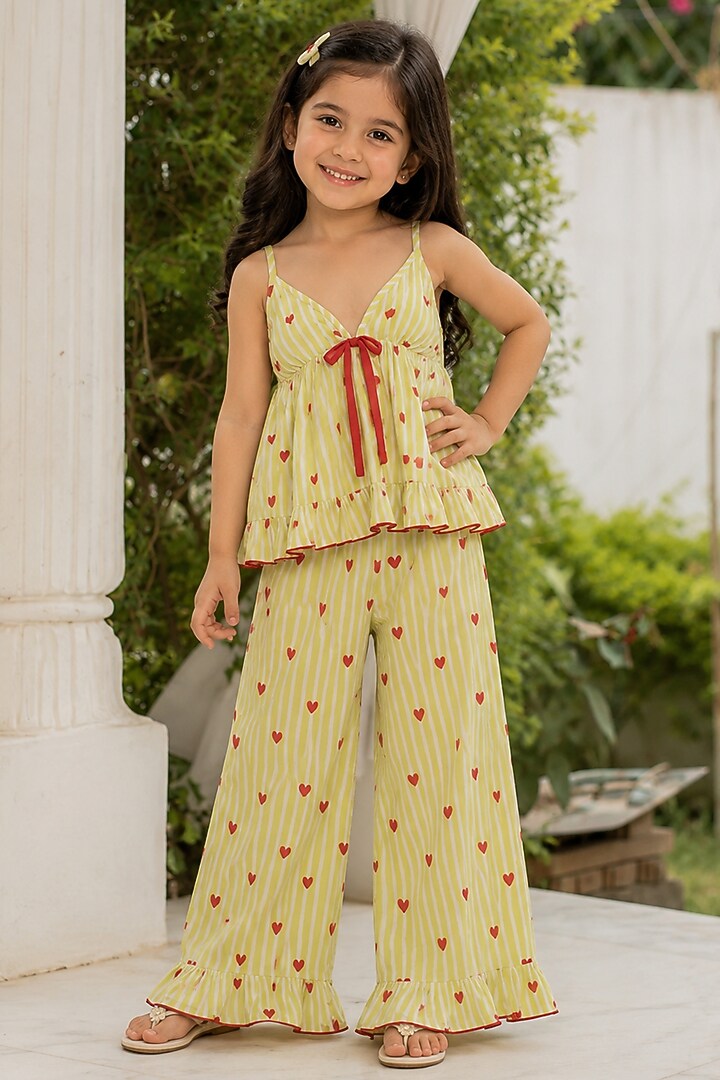 Lemon Green Cotton Heart Print Striped Co-Ord Set For Girls by House Of Jamoti Kids at Pernia's Pop Up Shop