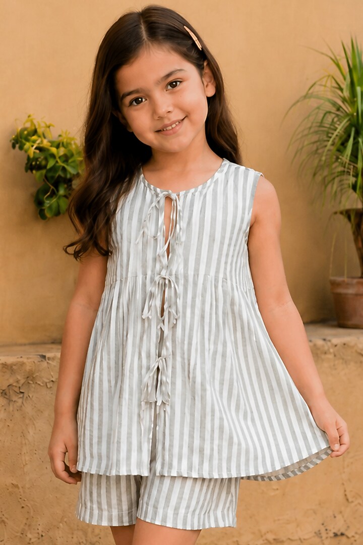 Sage Green Viscose Striped Co-Ord Set For Girls by House Of Jamoti Kids at Pernia's Pop Up Shop