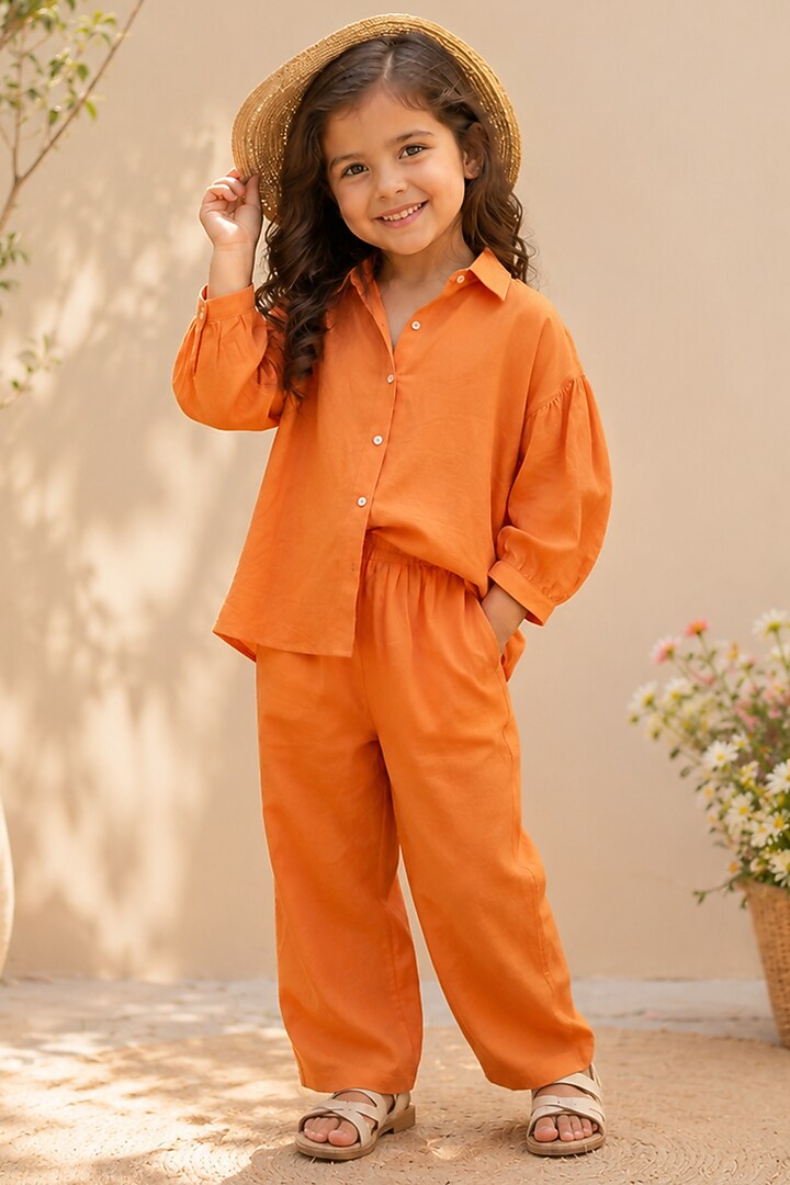 Peach Cotton Linen Co-Ord Set For Girls by House Of Jamoti Kids at Pernia's Pop Up Shop