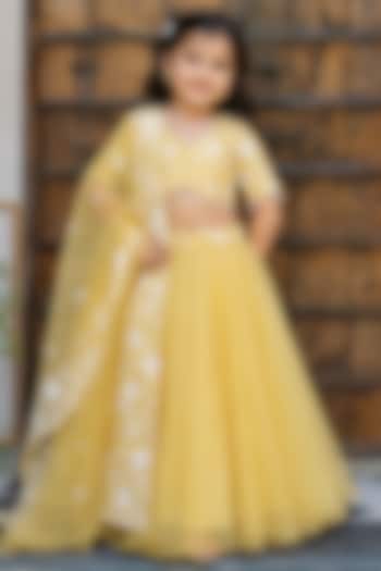 Yellow Chiffon Embroidered Lehenga Set For Girls by House Of Jamoti Kids at Pernia's Pop Up Shop